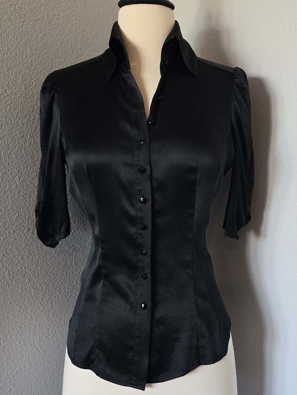 Vintage bebe Amanda Silk Blouse Jewel Button XS Ruched Puff Sleeves Button Up